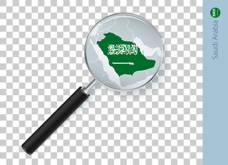 Saudi Arabia map with flag in magnifying glass on transparent background.