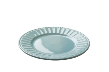 Blue ceramic round plate isolated over white background. perspective view