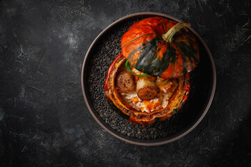 Baked pumpkin with rice and scalloped fish for the fall table for Halloween. Dark stone background. Holiday risotto.