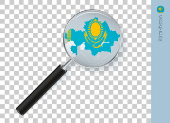 Kazakhstan map with flag in magnifying glass on transparent background.