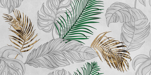Fototapeta na wymiar Graphics, tropics. Wallpaper, tiles with a pattern of palm leaves on a gray cement background. Seamless pattern. 