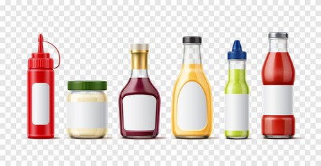 Realistic sauces bottles. Isolated 3D liquid condiments containers. Packaging for chili ketchup and wasabi. Mayo and mustard jars with blank sticker labels. Vector food package set