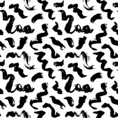 Hand drawn wavy and swirled brush strokes. Monochrome vector seamless pattern. Black paint doodle scribbles, curled lines, swooshes and flourishes. Abstract ink background, wallpaper design, textile