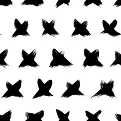 Black crosses vector seamless pattern. Abstract monochrome background with brush strokes. Hand drawn hipster X symbol. Trendy monochrome texture with pluses or crosses, symbols of kisses. 