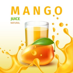 Juice splash poster. Realistic mango drink advertising banner. Tropical fruits liquid flow with drops and orange waves. Glass cup full of fresh beverage. Exotic smoothie. Vector concept