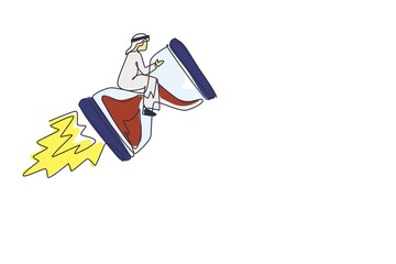 Single one line drawing Arabian businessman riding rocket hourglass flying through sky. Business time management. Success, champion, victory, sandglass. Continuous line draw design vector illustration
