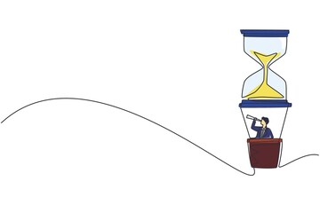 Single continuous line drawing businessman in hot air balloon hourglass looking with telescope. Business time management. Success, champion, victory, sandglass. One line design vector illustration