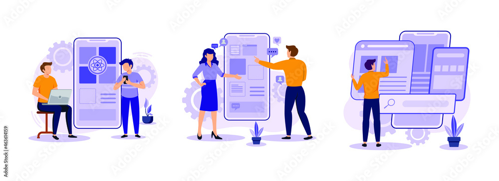 Poster react native mobile app, experience design and usability testing. mobile app development process abs