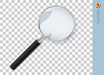 Seychelles map with flag in magnifying glass on transparent background.