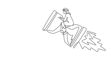 Single one line drawing Arabian businessman riding rocket hourglass flying through sky. Business time management. Success, champion, victory, sandglass. Continuous line draw design vector illustration