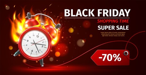 Shopping time clock. Last minute offer poster. Realistic burning alarm watch. Black Friday advertising. Sales and discounts promotion flyer. Red timer with fire flames. Vector banner - obrazy, fototapety, plakaty
