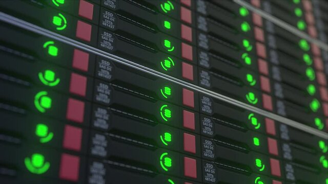 Database server room close-up, looping 3D animation