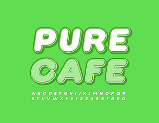 Vector green Poster Pure Cafe. Stylish White Font. Artistic Alphabet Letters and Numbers