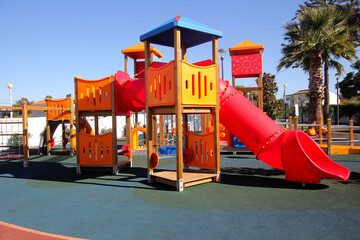 Childrens playground with tunnels, towers, and climbing frames