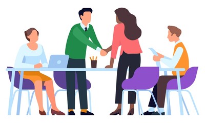 Business people. Team planning strategy. Workers conduct briefings. Meeting with discussion. Corporate brainstorming or negotiation. Effective teamwork. Vector productive collaboration