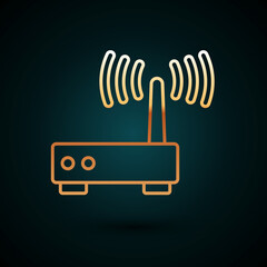 Gold line Router and wi-fi signal icon isolated on dark blue background. Wireless ethernet modem router. Computer technology internet. Vector