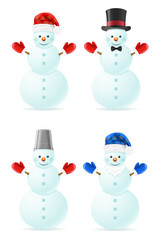 christmas snowman made of big snowballs with headdress vector illustration