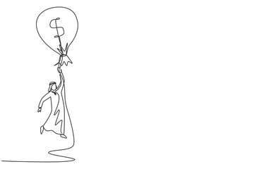 Obraz premium Single continuous line drawing Arab businessman flying with money bag dollar balloon. Successful financial concept. Man earning money and have success. One line draw graphic design vector illustration