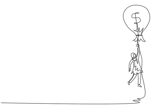 recommend clip art: Single one line drawing Arabian businesswoman flying with money bag dollar balloon. Successful financial concept. Female earning money and have success. Continuous line draw design vector illustration