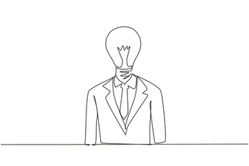 Single one line drawing businessman with light bulb instead of head. Business idea. Huge glowing light bulb instead of head thinking, brainstorming. Continuous line draw design vector illustration