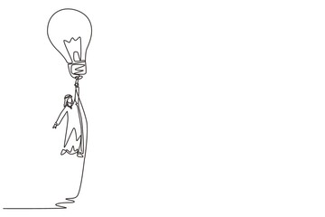 Single one line drawing Arab businessman flying holding idea bulbs. Big idea to solve business problem, invention, innovation to drive business growth. Continuous line draw design vector illustration