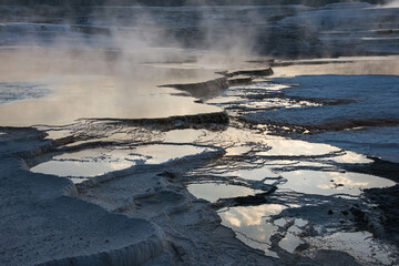 Mammoth Hot Springs, at sunrise,, Yellowstone National Park, Wyoming, USA.