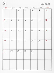 March 2022 calendar template.