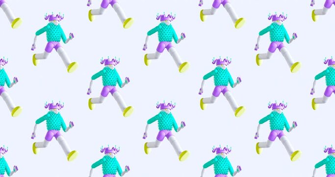 4k motion design. 3d animation seamless pattern. Funny Jester character. Video can be used as vertical banner and square