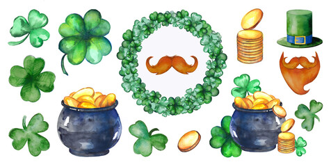 Set of watercolor elements for St. Patrick's Day isolated on white background. Traditional holiday attributes. Cartoon signs for the design of Irish-themed cards and banners. Decorative pictures.
