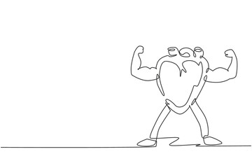 Single one line drawing strong and healthy human heart organ. Heart with double biceps, bodybuilder. Sport and fitness for health. Modern continuous line draw design graphic vector illustration