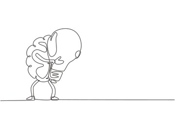 Single one line drawing brain holds the light bulb. Symbol of new idea that came to mind. Brain character inspired by the idea soars up. Modern continuous line draw design graphic vector illustration