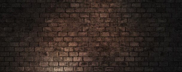 Fototapeta na wymiar Old wall brown dark background with stained aged bricks
