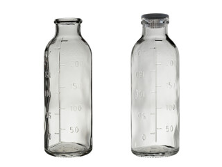 A set of two empty glass bottles for medicines and medicines. One is open, the other is closed with a lid. Isolated on a white background with a scale