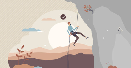 Rock climbing sport activity scene for mountain rope adventures tiny person concept. Professional climber challenge for adrenaline and action vector illustration. Dangerous and risky lifestyle hobby. - obrazy, fototapety, plakaty