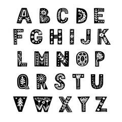 Decorative alphabet in Scandinavian style. Vector lettering, folk style. 