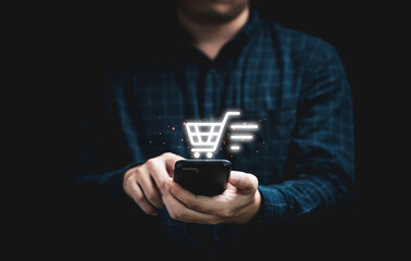 Businessman using smartphone for input shopping order for Online shopping and e-commerce concept.