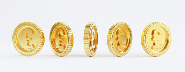 Isolated of golden Pound sterling coins on white background by 3d render.