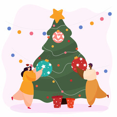 Happy friends decorate the Christmas tree along with garland and Christmas balls