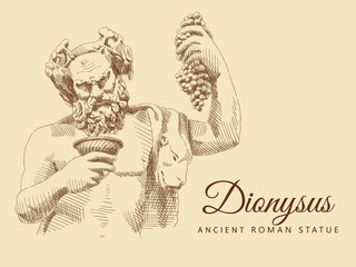 Sketch of the ancient roman statue 'Dionysus'. Bacchus, god of wine and winemaking. Man portrait with a bowl and grapes. Vintage brown and beige card, hand-drawn, vector. Old design. Line graphics. - obrazy, fototapety, plakaty