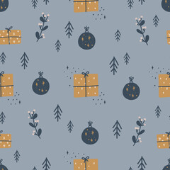 Christmas and Happy New Year seamless pattern with Christmas gift boxes, fir branches and berries. Vector design template.