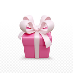Gift box isolated on transparent background. 3d render holiday closed surprise box with pink ribbon. Red present box. Vector