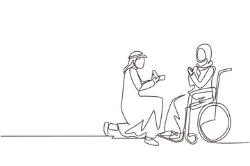 Single continuous line drawing Arabian man stand on knee with engagement ring in hands in front of disabled woman sitting on wheelchair, loving relations, person marriage. One line draw design vector