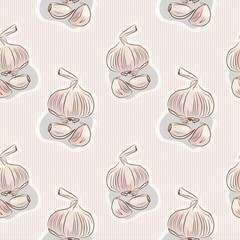 Fototapeta premium Garlic on a polka dot background. Seamless pattern. Hand drawn vector picture.