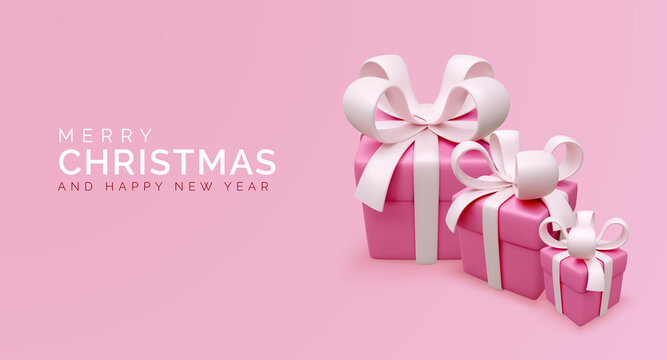Holiday banner with pink gift boxes. Christmas greeting card. Mother or women day present boxes. Vector