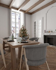 Fototapeta na wymiar New year tree in scandinavian style interior with christmas decoration 