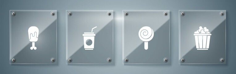 Set Popcorn in box, Lollipop, Paper glass with straw and Chicken leg. Square glass panels. Vector