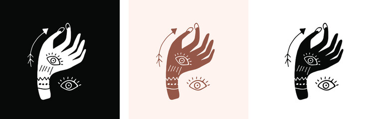 Magic pre made illustration with hand and evil eye. Vector illustration of postcards. Black and white, Boho colors