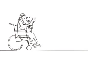 Single one line drawing happy disabled father with his child. Disability Arabian man holding baby in his arms. Family love concept. Physical disability. Continuous line draw design vector illustration