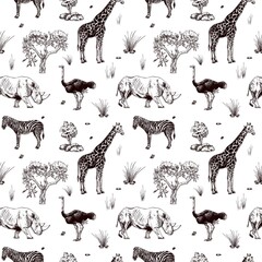 Seamless pattern safari wildlife isolated on white background. African animals giraffe, ostrich, rhinoceros, zebra in engraving style. Textile design monochrome print of savannah. © Purple_Lamp