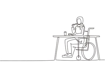 Single continuous line drawing Arabian female young wheelchair user eating food sitting at the table. Having lunch, snack in cafe. Society and disabled people. One line draw design vector illustration